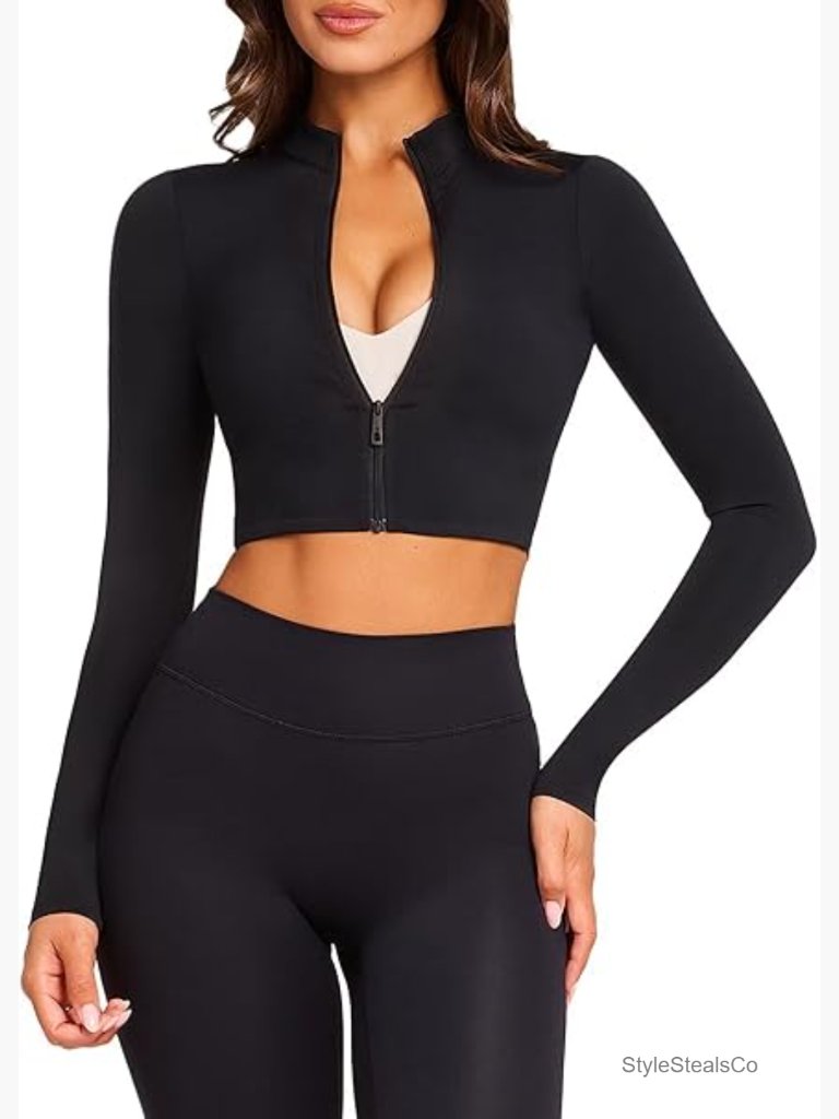 Cropped Workout Jacket Full Zip Turtleneck Lightweight Athletic Crop Top